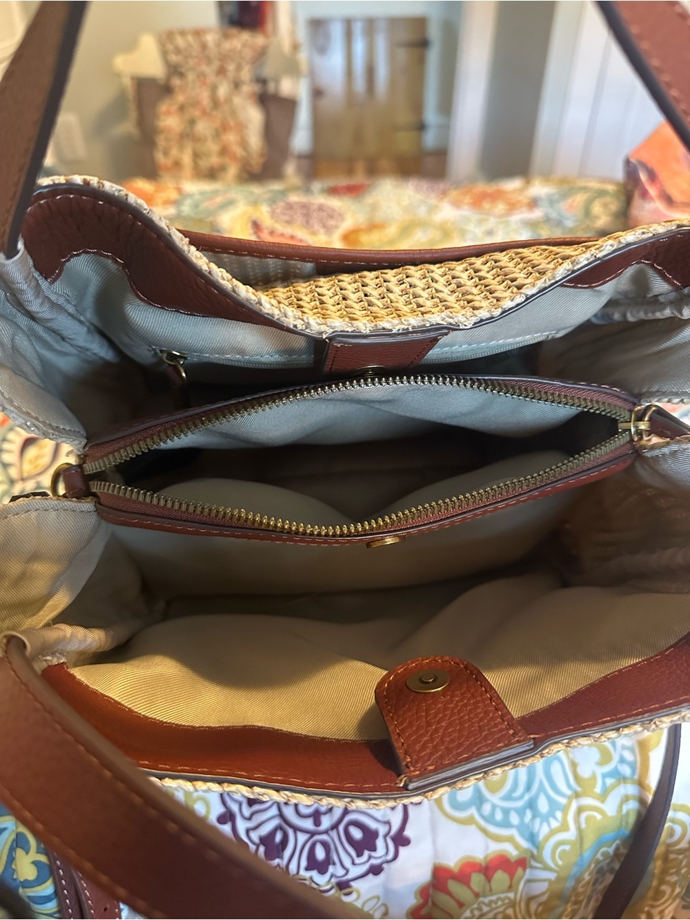 American Leather Co. Triple Entry Raffia & Leather Satchel Handbag Purse - Picture 9 of 9